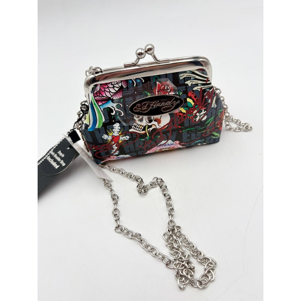 Ed Hardy Skull Koi Kiss Lock Coin Purse‎ Wallet Chain Strap NEW